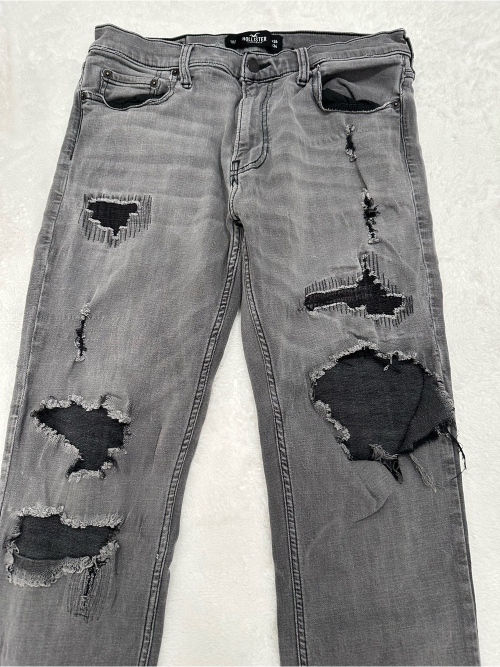 Hollister Men's Slim Straight Gray Distressed Jeans with Black Underlay 34x30
